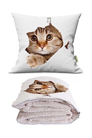 Sevimli Kedi Desenli İç Dolgusu Battaniyeli Araç İçi Opsiyonel Yastık 36x36cm
