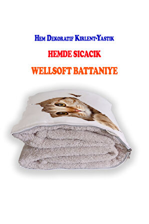 Sevimli Kedi Desenli İç Dolgusu Battaniyeli Araç İçi Opsiyonel Yastık 36x36cm