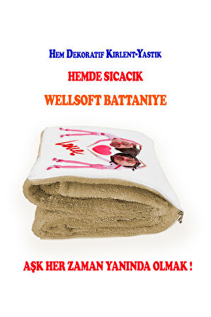 Sevgililer Günü Hediyesi Kalpli Baskılı Battaniyeli Opsiyonel Dekoratif Kırlent Sevgiliye Hediye