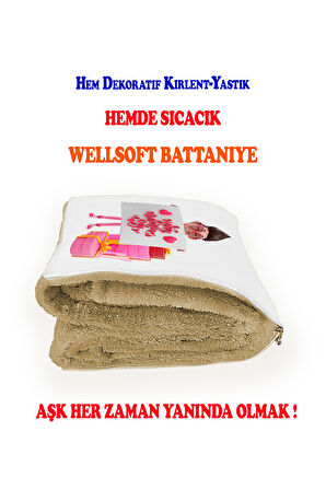 Sevgililer Günü Hediyesi Kalpli Baskılı Battaniyeli Opsiyonel Dekoratif Kırlent Sevgiliye Hediye
