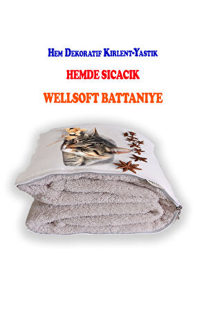 Sevimli Kedi Cute Cat Baskılı Tv Battaniyeli Opsiyonel Dekoratif Yastık Kırlent