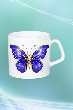 Kraliçe Mavi Kelebek Baskılı Afilli Kupa Bardak Çay Kahve Fincanı