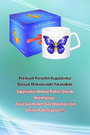 Kraliçe Mavi Kelebek Baskılı Afilli Kupa Bardak Çay Kahve Fincanı