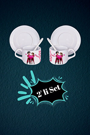 Sevgililer Günü Kalp Love Baskılı 2’li Set Kaşıklı Porselen Çay Kahve Fincan Seti-1
