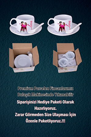 Sevgililer Günü Kalp Love Baskılı 2’li Set Kaşıklı Porselen Çay Kahve Fincan Seti-1