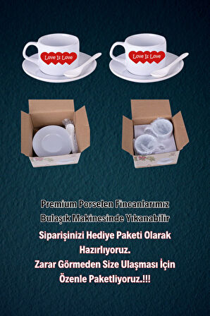 Sevgililer Günü Kalpli Baskılı 2’li Set Kaşıklı Porselen Çay Kahve Fincan Seti-2
