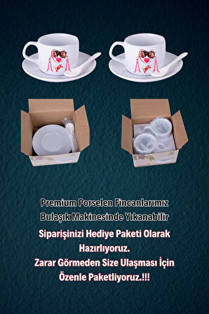 Sevgililer Günü Kalpli Baskılı 2’li Set Kaşıklı Porselen Çay Kahve Fincan Seti-5