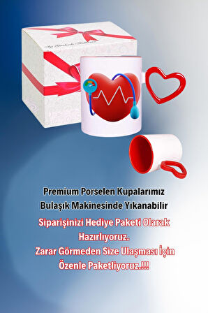 Kalp Ritmi Baskılı Kalpli Kırmızı Kupa Bardak Çay Kahve Fincanı