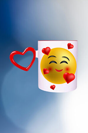 Kalp Emoji Baskılı Kalpli Kırmızı Kupa Bardak Çay Kahve Fincanı