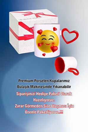 Kalp Emoji Baskılı Kalpli Kırmızı Kupa Bardak Çay Kahve Fincanı