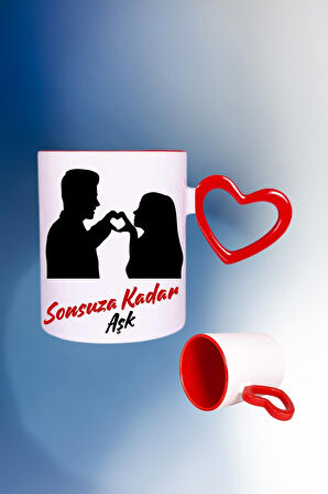 Sonsuz Aşk Baskılı Kalpli Kırmızı Kupa Bardak Çay Kahve Fincanı