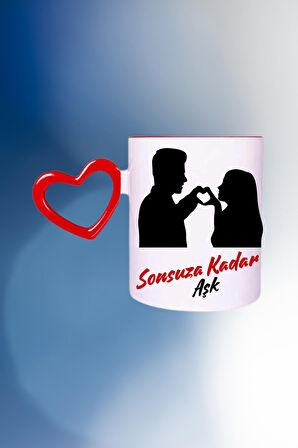 Sonsuz Aşk Baskılı Kalpli Kırmızı Kupa Bardak Çay Kahve Fincanı