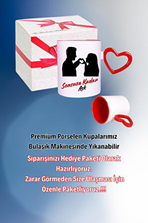 Sonsuz Aşk Baskılı Kalpli Kırmızı Kupa Bardak Çay Kahve Fincanı