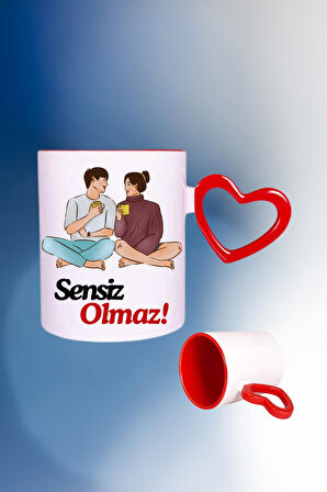 Sensiz Olmaz Baskılı Kalpli Kırmızı Kupa Bardak Çay Kahve Fincanı