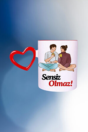 Sensiz Olmaz Baskılı Kalpli Kırmızı Kupa Bardak Çay Kahve Fincanı