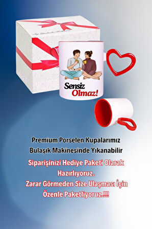 Sensiz Olmaz Baskılı Kalpli Kırmızı Kupa Bardak Çay Kahve Fincanı