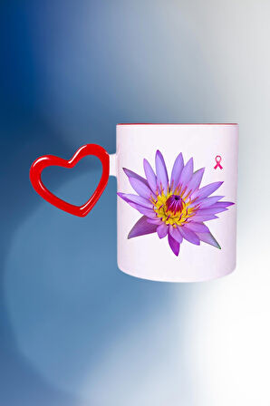 Lotus Çiçeği Baskılı Kalpli Kırmızı Kupa Bardak Çay Kahve Fincanı