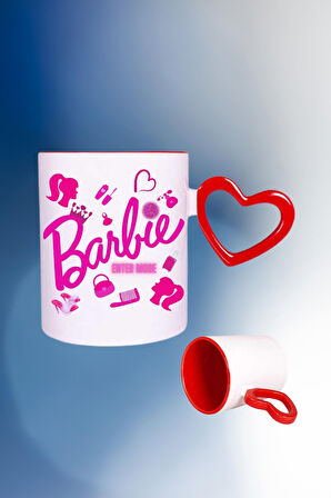 Barbie Enter Mode Baskılı Kalpli Kırmızı Kupa Bardak Çay Kahve Fincanı