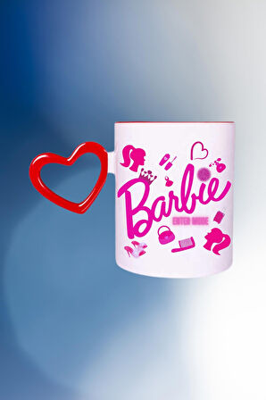 Barbie Enter Mode Baskılı Kalpli Kırmızı Kupa Bardak Çay Kahve Fincanı