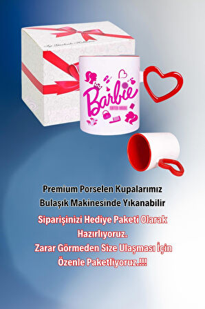 Barbie Enter Mode Baskılı Kalpli Kırmızı Kupa Bardak Çay Kahve Fincanı