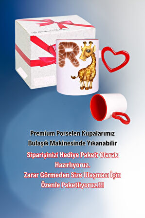 R Harfi Zürafa Baskılı Kalpli Kırmızı Kupa Bardak Çay Kahve Fincanı
