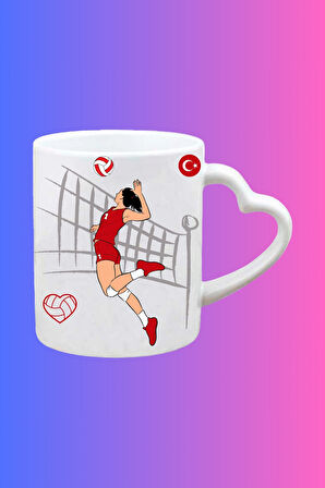 Voleybol Temalı Kadın Oyuncu Baskılı Kalpli Kulp Kupa Bardak Çay Kahve Fincanı-1