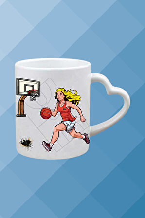 Basketboll Temalı Kadın Oyuncu Baskılı Kalpli Kulp Kupa Bardak Çay Kahve Fincanı-1