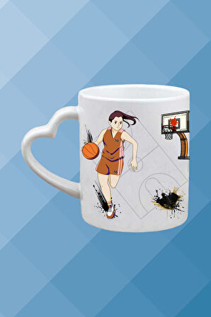 Basketboll Temalı Kadın Oyuncu Baskılı Kalpli Kulp Kupa Bardak Çay Kahve Fincanı-2
