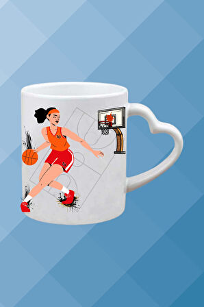 Basketboll Temalı Kadın Oyuncu Baskılı Kalpli Kulp Kupa Bardak Çay Kahve Fincanı-3