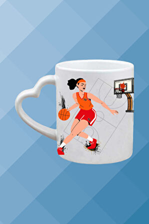 Basketboll Temalı Kadın Oyuncu Baskılı Kalpli Kulp Kupa Bardak Çay Kahve Fincanı-3