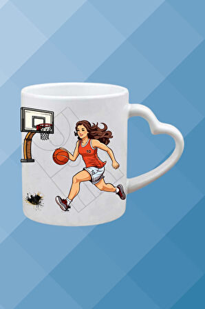 Basketboll Temalı Kadın Oyuncu Baskılı Kalpli Kulp Kupa Bardak Çay Kahve Fincanı-4