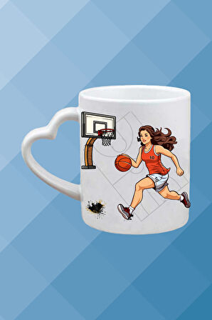 Basketboll Temalı Kadın Oyuncu Baskılı Kalpli Kulp Kupa Bardak Çay Kahve Fincanı-4