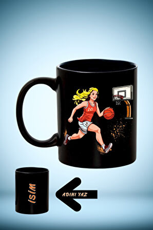 Basketboll Temalı Basket Sever Kadın Oyuncu İsimli Siyah Kupa Bardak Çay Kahve Fincanı-2