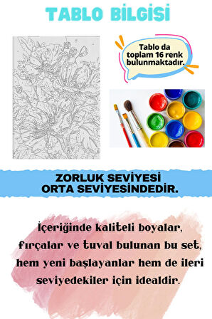 Sayılarla Boyama Çerçeveli Hobi Seti Numaralı Tuval Fırça Boya Dahil Kasnaklı ÇİÇEK 40X50 Cm