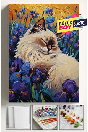 Sayılarla Boyama Seti Numaralı Tuval Fırça Boya Dahil Kasnaklı Set 50x70 Cm - ÇİÇEK ARASI KEDİ