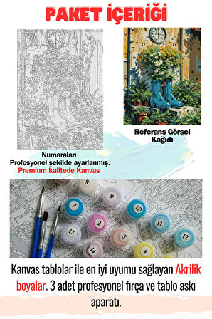 Sayılarla Boyama Çerçeveli Hobi Seti Numaralı Tuval Fırça Boya Dahil Kasnaklı ÇİÇEK BOT 40X50 Cm