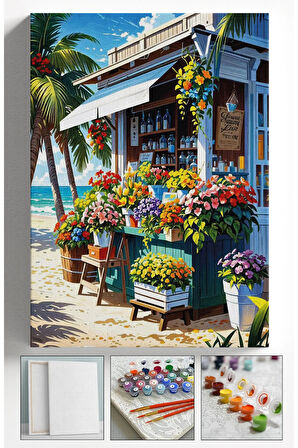 Sayılarla Boyama Çerçeveli Hobi Seti Numaralı Tuval Fırça Boya Dahil Kasnaklı ÇİÇEKÇİ 40X50 Cm