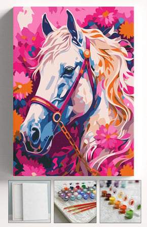 Sayılarla Boyama Seti Numaralı Tuval Fırça Boya Askı Aparatı Dahil Set 40x50 Cm - ÇİÇEK DESENLİ AT