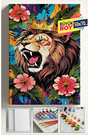 Sayılarla Boyama Seti Numaralı Tuval Fırça Boya Dahil Kasnaklı Set 50x70 Cm - ÇİÇEKLİ ASLAN
