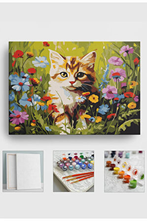 Sayılarla Boyama Seti Numaralı Tuval Fırça Boya 40x50 Cm Çiçekli Tekir