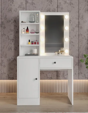 Afilli Çiçek Tek Çekmeceli Led Işıklı Ve Aynalı Makyaj Masası Tamamı Mdf