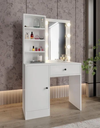 Afilli Çiçek Tek Çekmeceli Led Işıklı Ve Aynalı Makyaj Masası Tamamı Mdf