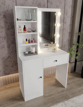 Afilli Çiçek Tek Çekmeceli Led Işıklı Ve Aynalı Makyaj Masası Tamamı Mdf
