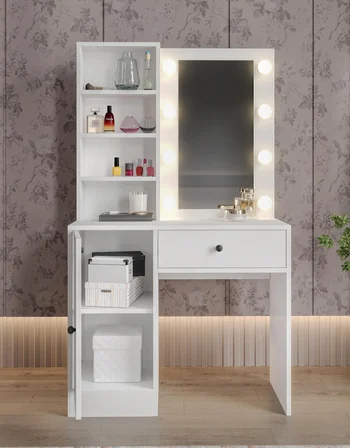 Afilli Çiçek Tek Çekmeceli Led Işıklı Ve Aynalı Makyaj Masası Tamamı Mdf
