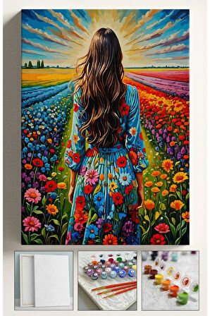 Sayılarla Boyama Çerçeveli Hobi Seti Numaralı Tuval Fırça Boya Dahil Kasnaklı 40X50 Cm ÇİÇEK TARLASI