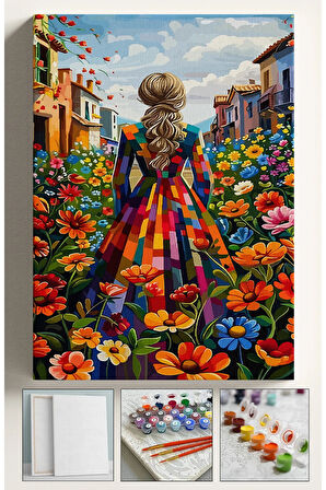 Sayılarla Boyama Çerçeveli Hobi Seti Numaralı Tuval Fırça Boya Kasnaklı 40X50 Cm ÇİÇEK TARLASI 2