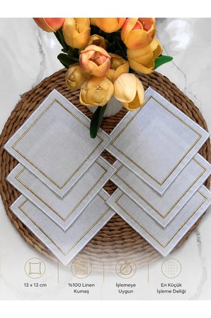 Kare Beyaz GOLD Nakışlı Linen Keten Kokteyl Peçete 6’lı - Kahve Yanı Sunum Peçetesi - 13x13cm