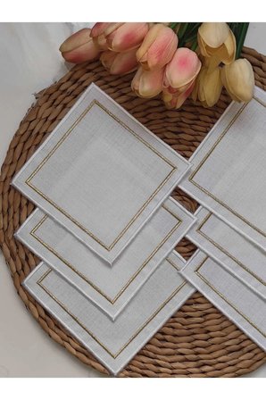 Kare Beyaz GOLD Nakışlı Linen Keten Kokteyl Peçete 6’lı - Kahve Yanı Sunum Peçetesi - 13x13cm