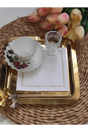 Kare Beyaz GOLD Nakışlı Linen Keten Kokteyl Peçete 6’lı - Kahve Yanı Sunum Peçetesi - 13x13cm