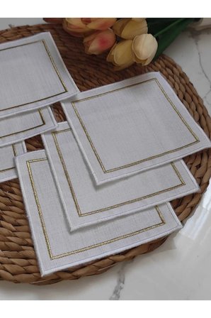 Kare Beyaz GOLD Nakışlı Linen Keten Kokteyl Peçete 6’lı - Kahve Yanı Sunum Peçetesi - 13x13cm